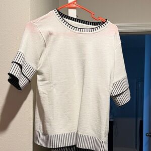 White Knit Top with Black Pinstripe Trim